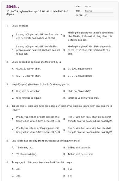 10 câu Trắc nghiệm Sinh học 10 Kết nối tri thức Bài 16 có đáp án