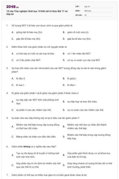 10 câu Trắc nghiệm Sinh học 10 Kết nối tri thức Bài 17 có đáp án