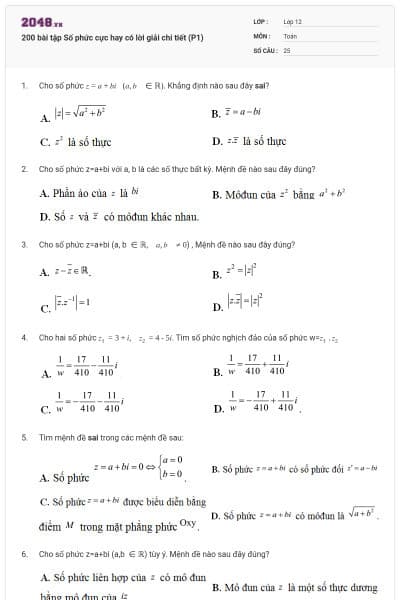 200 bài tập Số phức cực hay có lời giải chi tiết (P1)