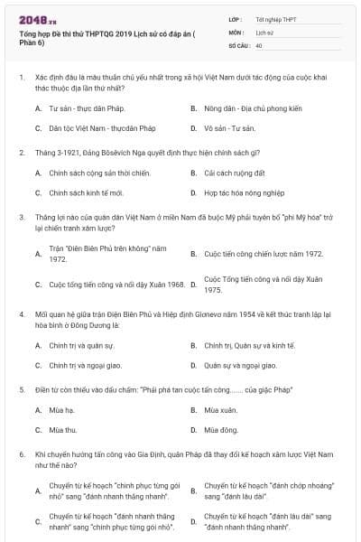 Tổng hợp Đề thi thử THPTQG 2019 Lịch sử có đáp án ( Phần 6)