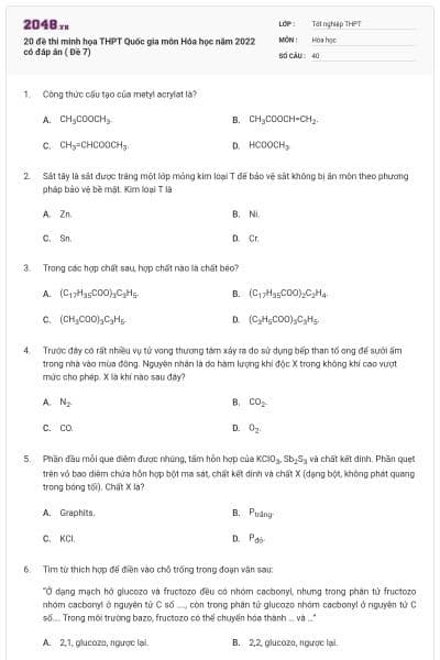 20 đề thi minh họa THPT Quốc gia môn Hóa học năm 2022 có đáp án ( Đề 7)