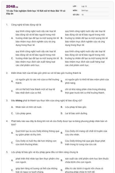 10 câu Trắc nghiệm Sinh học 10 Kết nối tri thức Bài 19 có đáp án
