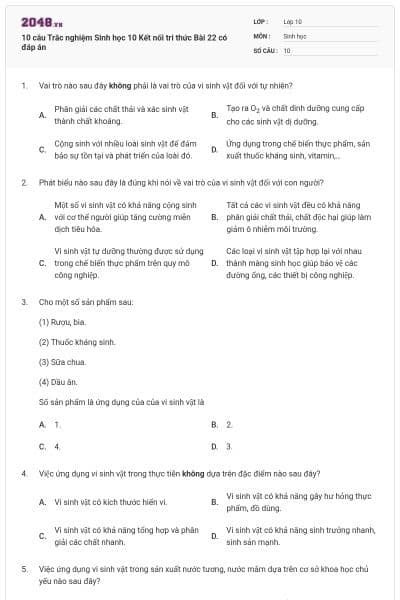 10 câu Trắc nghiệm Sinh học 10 Kết nối tri thức Bài 22 có đáp án