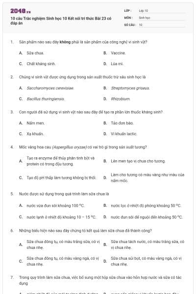 10 câu Trắc nghiệm Sinh học 10 Kết nối tri thức Bài 23 có đáp án