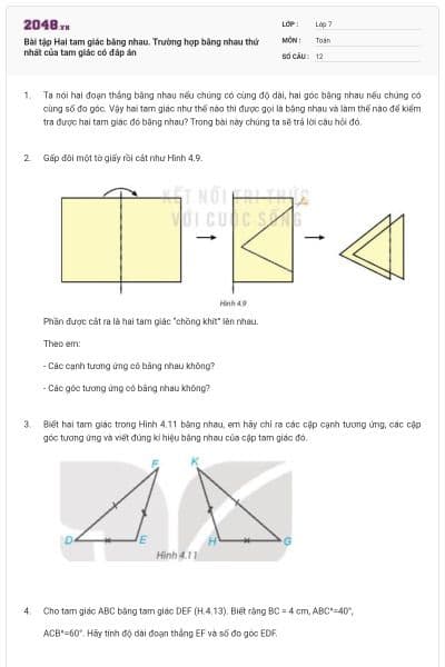 Bài tập Hai tam giác bằng nhau. Trường hợp bằng nhau thứ nhất của tam giác có đáp án
