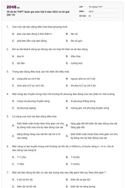 30 đề thi THPT Quốc gia môn Vật lí năm 2022 có lời giải (Đề 15)