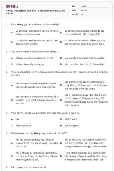 10 câu Trắc nghiệm Sinh học 10 Kết nối tri thức Bài 25 có đáp án