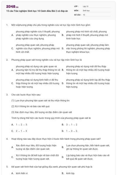 15 câu Trắc nghiệm Sinh học 10 Cánh diều Bài 2 có đáp án