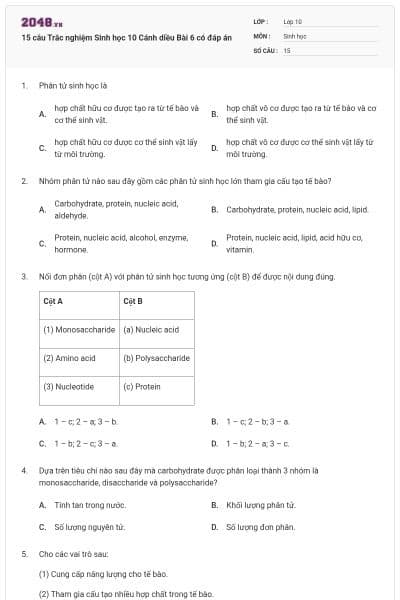 15 câu Trắc nghiệm Sinh học 10 Cánh diều Bài 6 có đáp án