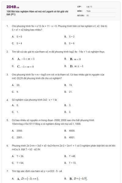 100 Bài trắc nghiệm Hàm số mũ và Logarit có lời giải chi tiết (P1)