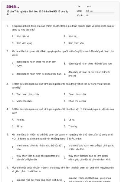 15 câu  Trắc nghiệm Sinh học 10 Cánh diều Bài 15 có đáp án