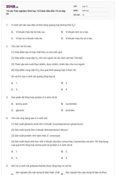 15 câu Trắc nghiệm Sinh học 10 Cánh diều Bài 19 có đáp án