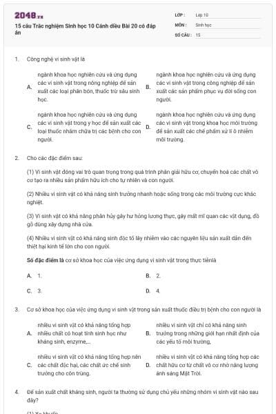 15 câu Trắc nghiệm Sinh học 10 Cánh diều Bài 20 có đáp án