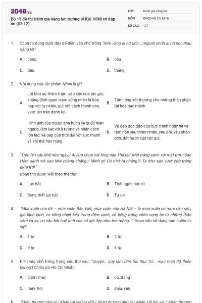 Bộ 15 đề thi Đánh giá năng lực trường ĐHQG HCM có đáp án (Đề 12)