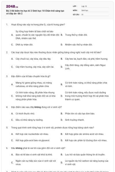 Bộ 2 Đề kiểm tra học kì 2 Sinh học 10 Chân trời sáng tạo có đáp án- Đề 2