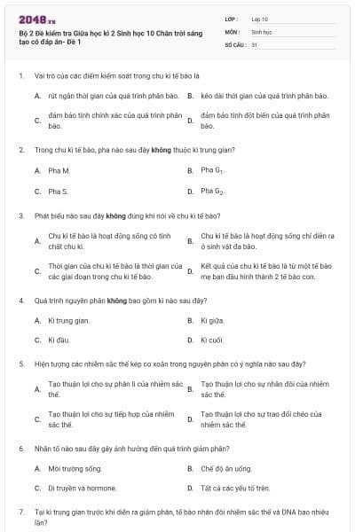 Bộ 2 Đề kiểm tra Giữa học kì 2 Sinh học 10 Chân trời sáng tạo có đáp án- Đề 1