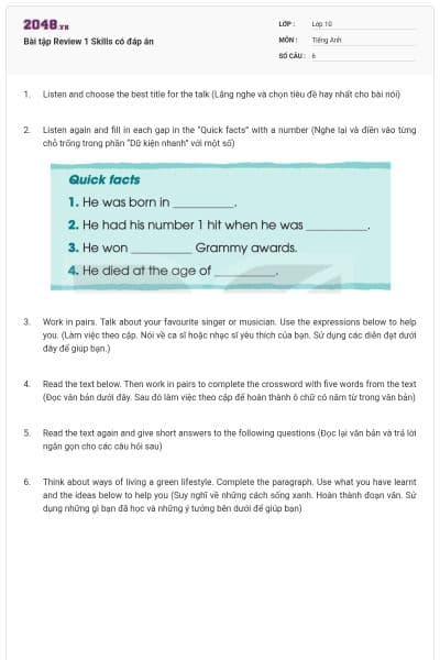 Bài tập Review 1 Skills có đáp án