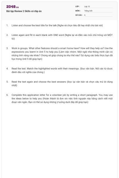 Bài tập Review 2 Skills có đáp án