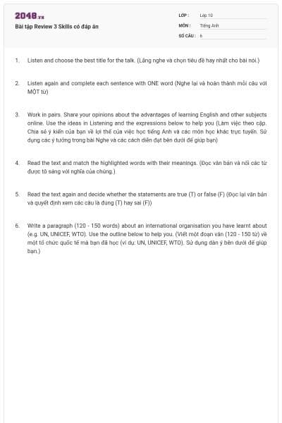 Bài tập Review 3 Skills có đáp án