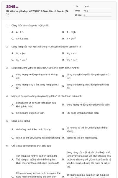 Đề kiểm tra giữa học kì 2 Vật lí 10 Cánh diều có đáp án (Đề 1)