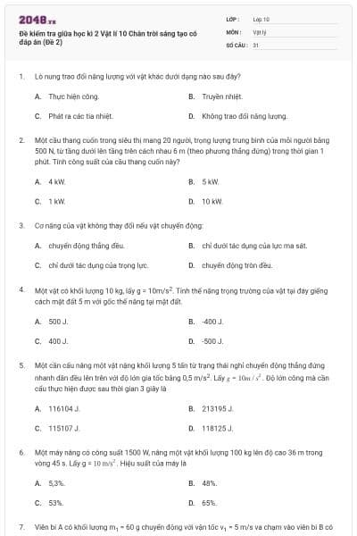 Đề kiểm tra giữa học kì 2 Vật lí 10 Chân trời sáng tạo có đáp án (Đề 2)
