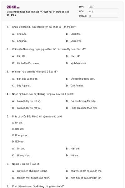 Đề kiểm tra Giữa học kì 2 Địa lý 7 Kết nối tri thức có đáp án- Đề 2