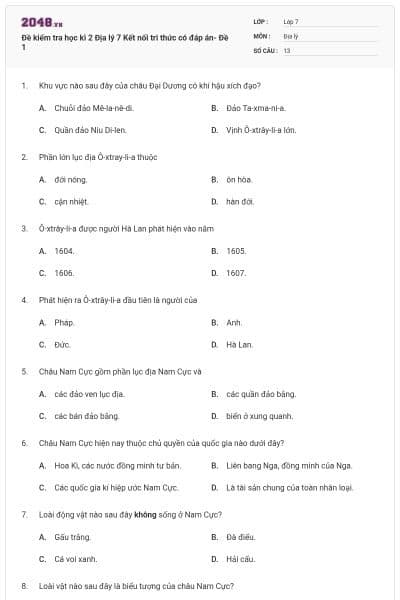 Đề kiểm tra học kì 2 Địa lý 7 Kết nối tri thức có đáp án- Đề 1