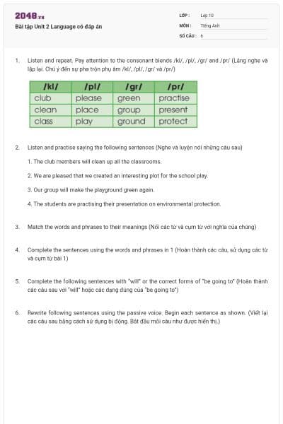 Bài tập Unit 2 Language có đáp án