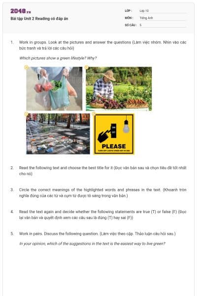 Bài tập Unit 2 Reading có đáp án