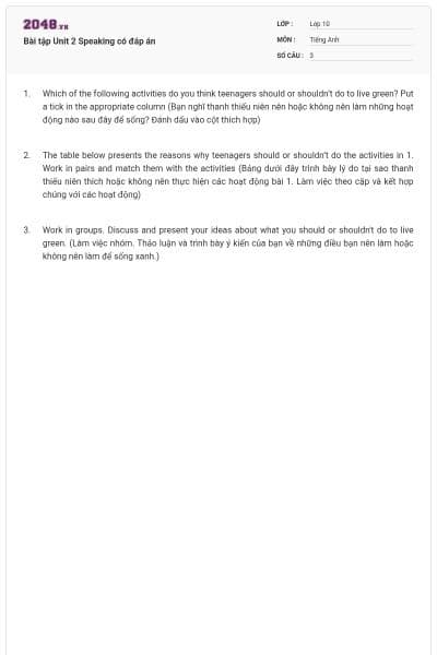 Bài tập Unit 2 Speaking có đáp án