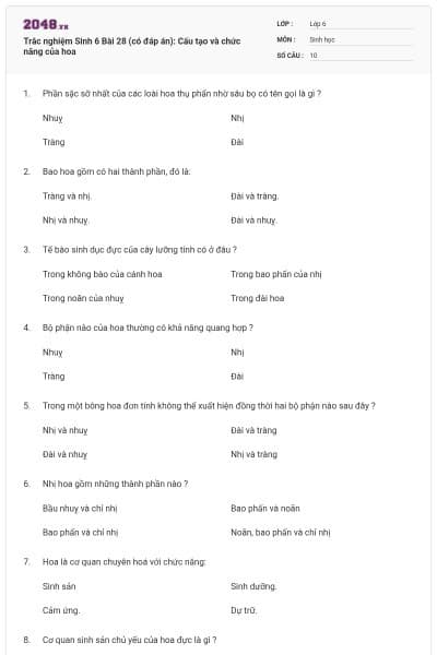 Trắc nghiệm Sinh 6 Bài 28 (có đáp án): Cấu tạo và chức năng của hoa