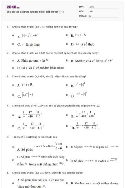 200 bài tập Số phức cực hay có lời giải chi tiết (P1)