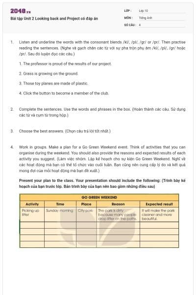 Bài tập Unit 2 Looking back and Project có đáp án