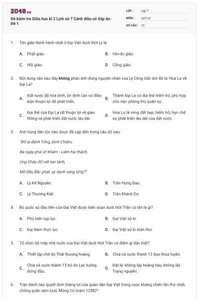 Đề kiểm tra Giữa học kì 2 Lịch sử 7 Cánh diều có đáp án- Đề 1
