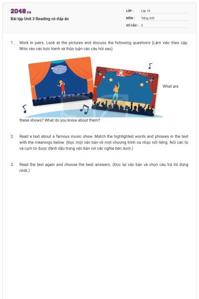 Bài tập Unit 3 Reading có đáp án