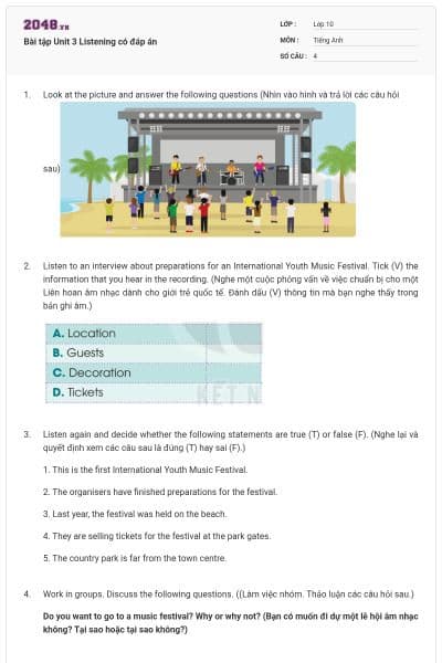 Bài tập Unit 3 Listening có đáp án