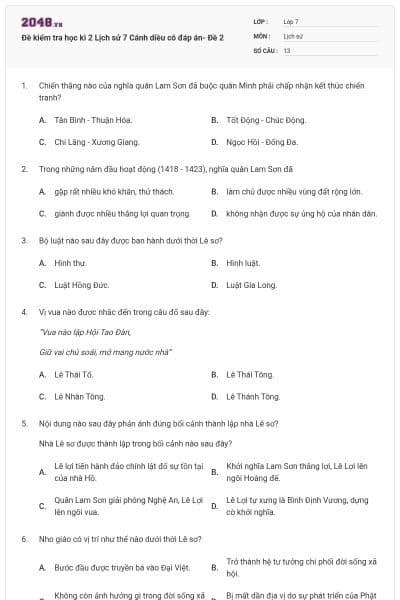 Đề kiểm tra học kì 2 Lịch sử 7 Cánh diều có đáp án- Đề 2