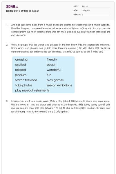 Bài tập Unit 3 Writing có đáp án