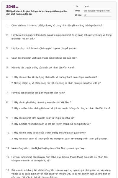 Bài tập Lịch sử, truyền thống của lực lượng vũ trang nhân dân Việt Nam có đáp án