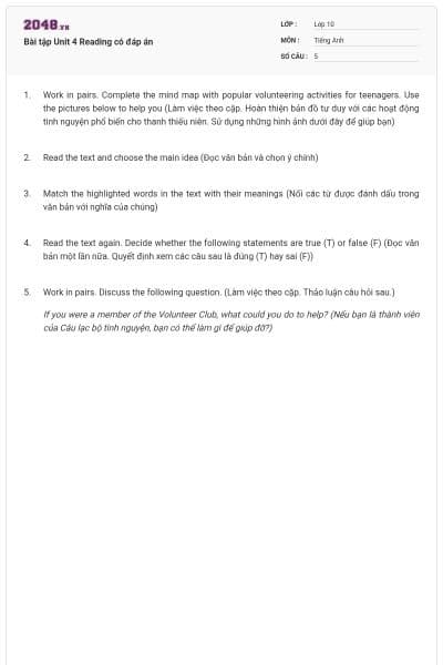 Bài tập Unit 4 Reading có đáp án