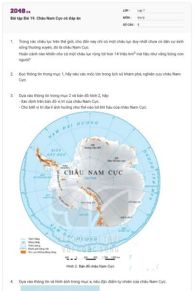 Bài tập Bài 19. Châu Nam Cực có đáp án