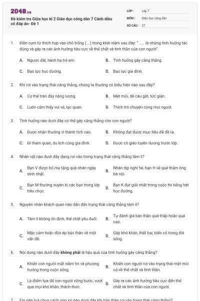 Đề kiểm tra Giữa học kì 2 Giáo dục công dân 7 Cánh diều có đáp án- Đề 1