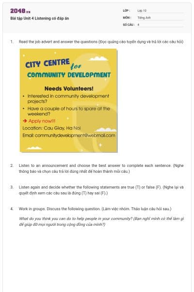 Bài tập Unit 4 Listening có đáp án