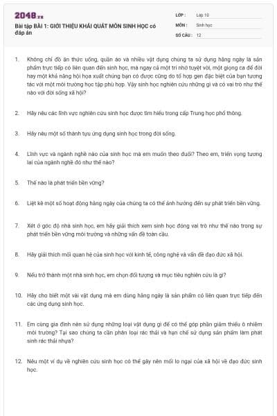 Bài tập BÀI 1: GIỚI THIỆU KHÁI QUÁT MÔN SINH HỌC có đáp án