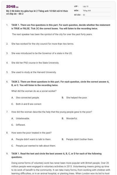 Bộ 2 Đề kiểm tra giữa học kì 2 Tiếng anh 10 Kết nối tri thức có đáp án - Đề 2