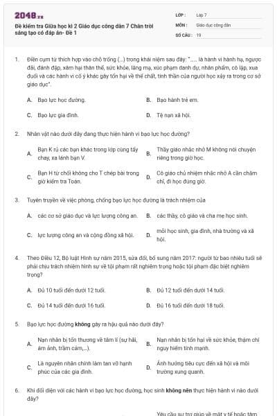 Đề kiểm tra Giữa học kì 2 Giáo dục công dân 7 Chân trời sáng tạo có đáp án- Đề 1