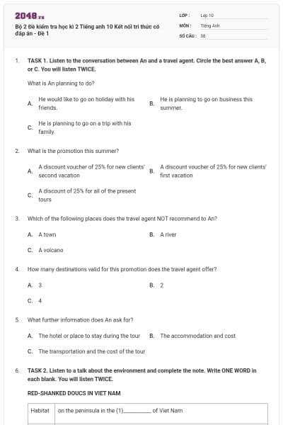 Bộ 2 Đề kiểm tra học kì 2 Tiếng anh 10 Kết nối tri thức có đáp án - Đề 1