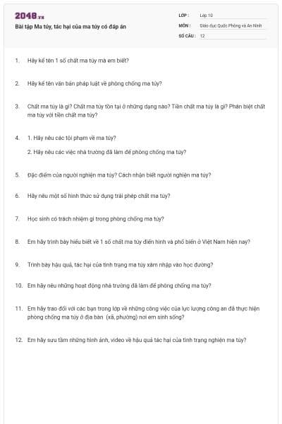 Bài tập Ma túy, tác hại của ma túy có đáp án