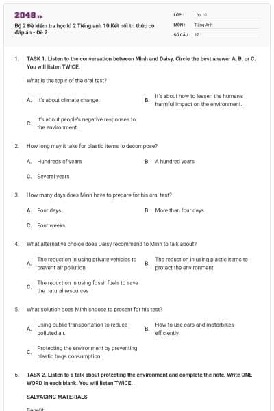 Bộ 2 Đề kiểm tra học kì 2 Tiếng anh 10 Kết nối tri thức có đáp án - Đề 2