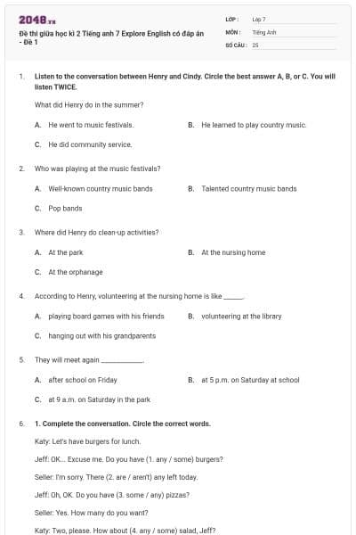 Đề thi giữa học kì 2 Tiếng anh 7 Explore English có đáp án - Đề 1